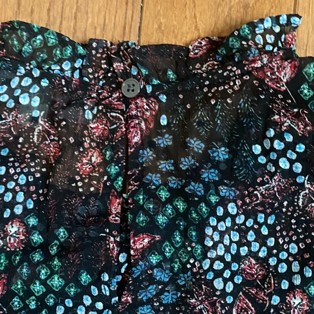LOFT Floral Sheer Blouse Smocked Ruffle Neck Puff Sleeve Top Small